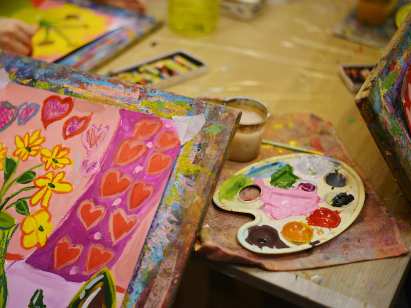 Mesa com pintura infantil colorida e paleta de tintas